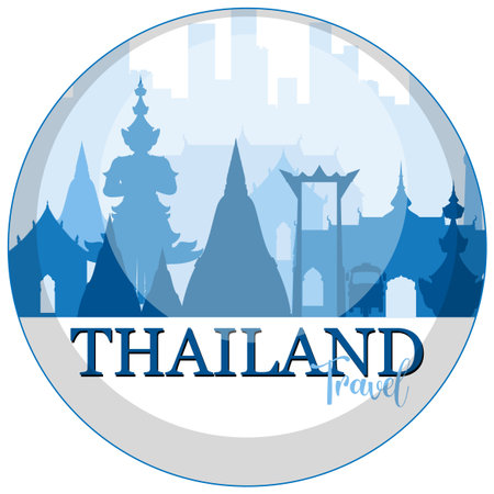 Silhouette of Thailand's iconic architecture in layered blue hues, circular composition, ideal for travel-themed designsのイラスト素材
