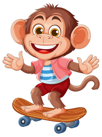 A playful monkey rides a skateboard, wearing colorful attire. Bright colors and dynamic composition enhance the lively sceneのイラスト素材