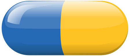 Glossy blue and yellow capsule pill rendered in flat vector style with smooth gradients, clean lines, and subtle highlights on a white backgroundのイラスト素材