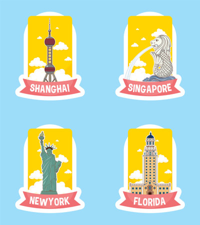 Colorful vector illustrations of famous landmarks with bold outlines and vibrant backgrounds, perfect for travel-themed designsのイラスト素材