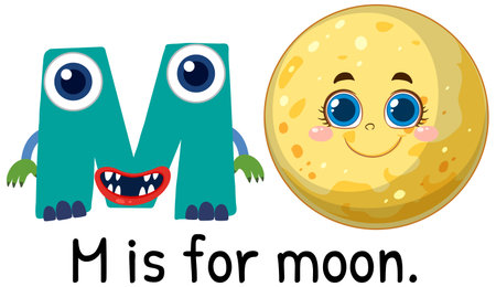 Colorful vector illustration of letter M and a smiling moon. Cartoon style with vibrant colors and friendly expressionsのイラスト素材