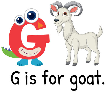Playful vector illustration of the letter G with a cartoon goat. Bright colors and whimsical design ideal for educational materialsのイラスト素材