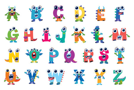 Playful monster-themed alphabet with vibrant colors and quirky characters. Perfect for children's projects and educational materialsのイラスト素材