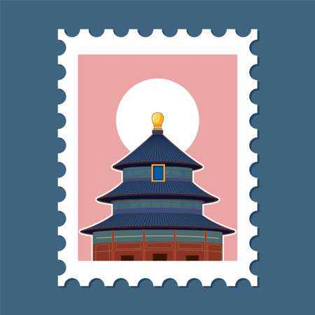 Vector illustration of a traditional temple on a stylized postage stamp with a pastel color paletteのイラスト素材