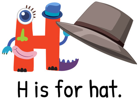 Colorful letter H character with whimsical features and a hat. Bold, playful design ideal for educational materialsのイラスト素材