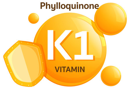 Bright vector illustration of Vitamin K1 phylloquinone with glossy orange spheres, bold text, and a stylized shield symbolizing health protectionのイラスト素材