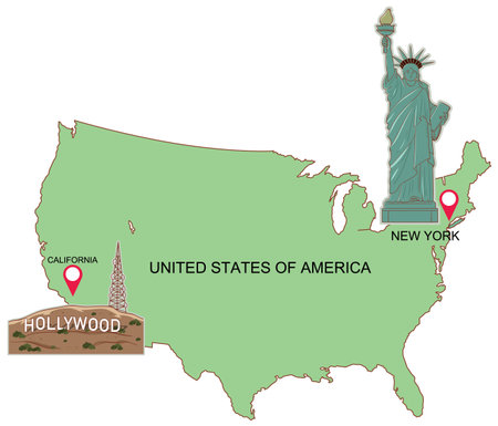 Vector map of the USA highlighting New York and California with iconic landmarks. Simple design with green and pink accentsのイラスト素材
