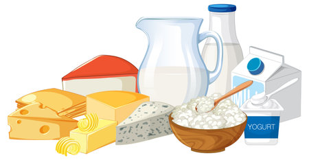 Various dairy foods including cheese, milk, yogurt, butter, and cottage cheese arranged in a clean, colorful flat vector styleのイラスト素材