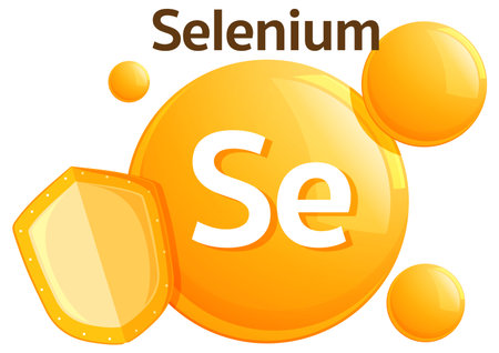 Vector illustration of selenium vitamin symbol with glossy orange spheres, shield element, and bold text in a modern flat design styleのイラスト素材