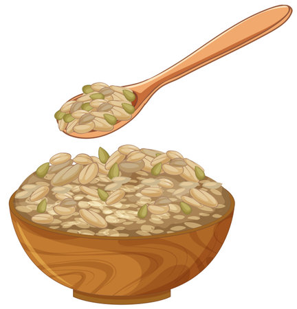 Vector illustration of a wooden bowl filled with oatmeal and seeds, accompanied by a wooden spoon, rendered in a clean, flat styleのイラスト素材