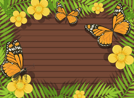 Vibrant vector illustration of butterflies and yellow flowers on a wooden backdrop, surrounded by lush green leavesのイラスト素材