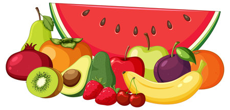 Vibrant vector illustration of various fresh fruits arranged together, using bold colors, clean outlines, and flat design style for healthy food conceptsのイラスト素材