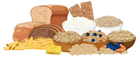 Assorted breads, cereals, pasta, and grains in bowlsのイラスト素材