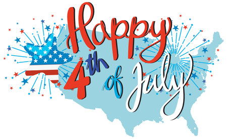 Vector illustration of USA map with fireworks and festive typography in red, white, and blue colorsのイラスト素材