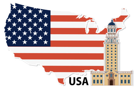 Vector illustration of USA map with flag overlay and a prominent landmark. Bold colors and clean lines enhance visual appealのイラスト素材