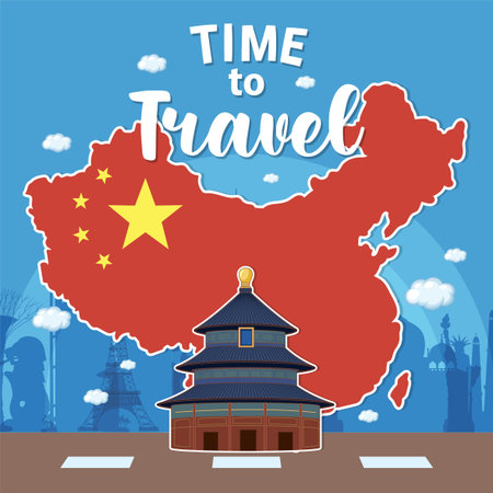 Vector illustration of China map with a prominent landmark. Bold colors and clear composition enhance travel themeのイラスト素材