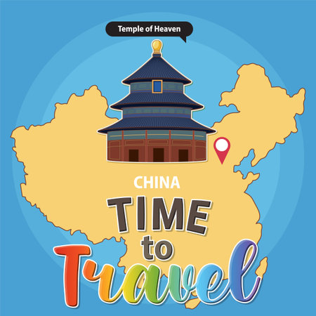 Vector illustration of China's map with Temple of Heaven. Vibrant colors and playful typography create an inviting travel themeのイラスト素材