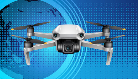 Vector illustration of a sleek drone against a vibrant blue digital backdrop, highlighting modern technology and innovationのイラスト素材