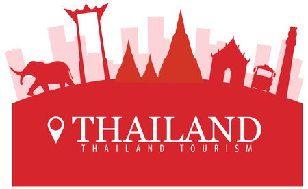Red silhouette vector of Thailand's landmarks, including temples and an elephant, against a cityscape backdrop. Ideal for travel promotionsのイラスト素材