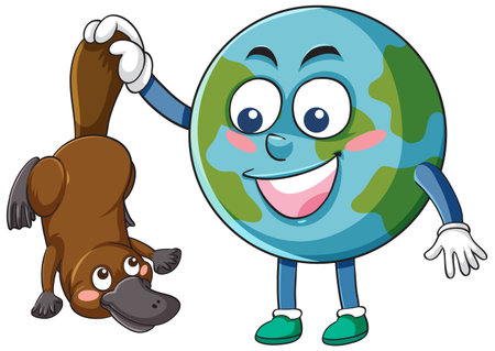Vector cartoon of a smiling Earth character holding a playful platypus upside down, with bold outlines, bright colors, and cheerful expressionsのイラスト素材