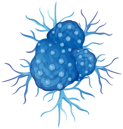 Detailed vector illustration of a blue cancer cell with branching structures, showcasing intricate design and vibrant colorsのイラスト素材