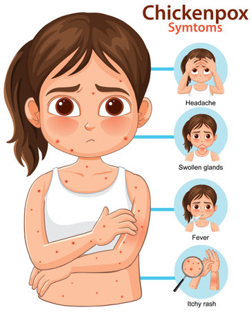 Vector illustration of a young girl with chickenpox, highlighting symptoms like headache, swollen glands, fever, and itchy rash in a clear infographic styleのイラスト素材