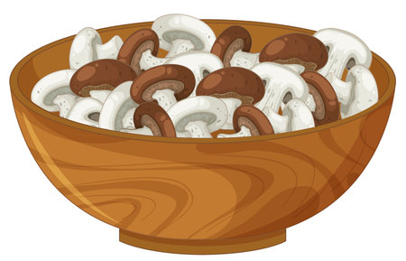 Vector illustration of fresh sliced white and brown mushrooms arranged in a natural wood grain bowl, using clean lines and flat colorsのイラスト素材