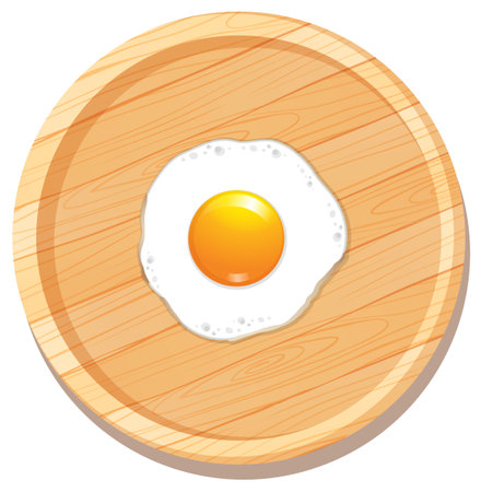 Bright vector illustration of a sunny side up fried egg centered on a round wooden cutting board, using clean lines and soft shadowsのイラスト素材