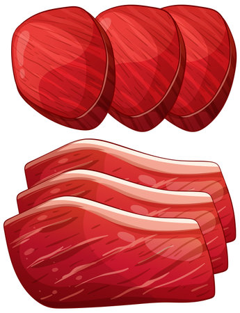 Detailed vector illustration of raw meat cuts in vibrant red tones, highlighting texture and realistic shadingのイラスト素材