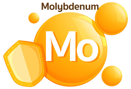 Bright vector illustration of molybdenum vitamin symbol with bold lettering, orange bubbles, and a stylized shield in flat design styleのイラスト素材