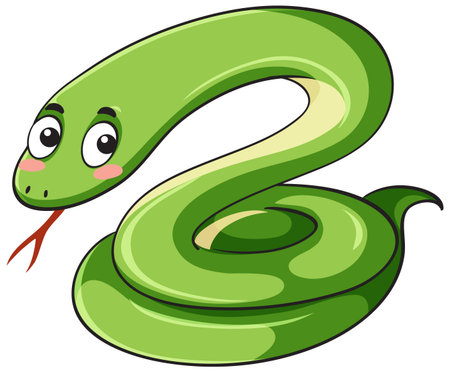 Vector illustration of a cute green snake with large expressive eyes, curled body, and forked tongue, rendered in a playful cartoon styleのイラスト素材