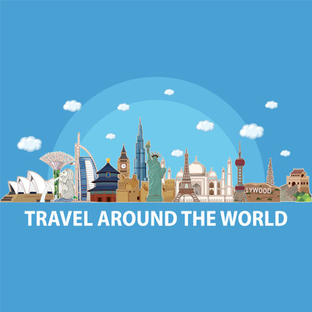Colorful vector illustration of famous world landmarks against a blue sky, showcasing diverse architectural styles and cultural heritageのイラスト素材