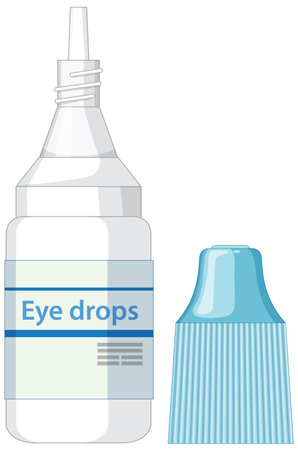 Vector illustration of a clear plastic eye drops bottle with a blue ribbed cap removed, clean label, and minimalistic medical styleのイラスト素材