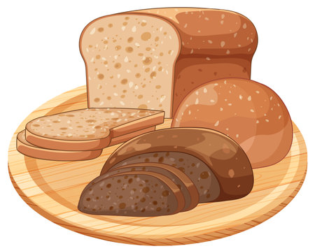 Vector illustration of sliced whole wheat and rye bread with round loaves on a wooden plate, using soft colors and clean outlinesのイラスト素材