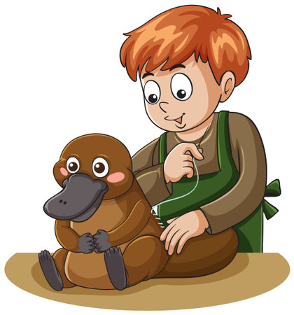Cartoon-style vector illustration of a child sewing a plush platypus toy, using bright colors, clean lines, and a simple backgroundのイラスト素材