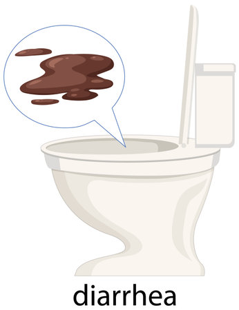 Vector illustration of a toilet with a speech bubble showing diarrhea. Simple design with neutral colors and clear linesのイラスト素材