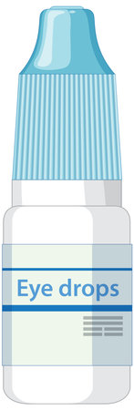 Clean vector illustration of a plastic eye drops bottle with blue cap and label, flat style, vertical composition, white backgroundのイラスト素材