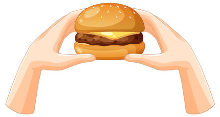 Vector illustration of two hands holding a cheeseburger with a sesame seed bun, melted cheese, and beef patty on a white backgroundのイラスト素材