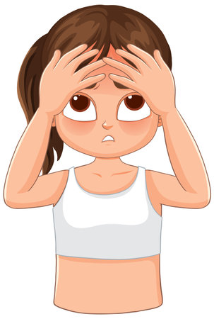 Vector illustration of a young girl with brown hair in a white sports top, touching her forehead with both hands, expressing concern or stressのイラスト素材