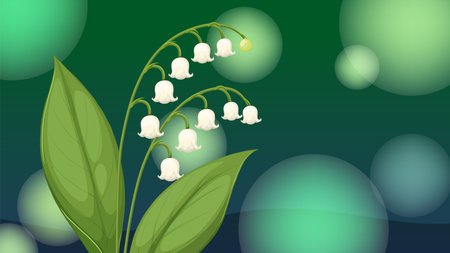 Elegant vector illustration of lily of the valley with soft green gradient backdrop, highlighting delicate white flowers and lush leavesのイラスト素材