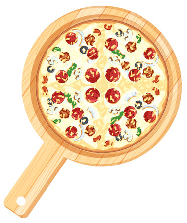 Top-down vector illustration of a pizza with mushrooms, peppers, and pepperoni on a round wooden board, using bright, flat colors and clean linesのイラスト素材