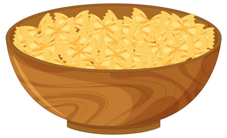 Vector illustration of uncooked farfalle pasta in a round wooden bowl, using warm yellow and brown tones with clean, flat shadingのイラスト素材