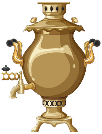 Classic brass samovar rendered in clean vector style with warm golden tones, symmetrical composition, and subtle highlights for a polished metallic effectのイラスト素材