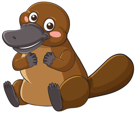 Vector illustration of a cheerful platypus character sitting upright with a big smile, rounded shapes, and soft brown color paletteのイラスト素材