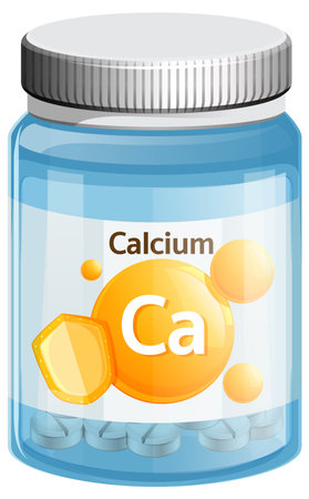 Transparent plastic bottle containing calcium tablets, labeled with chemical symbol Ca, rendered in clean, colorful flat vector style with subtle highlightsのイラスト素材