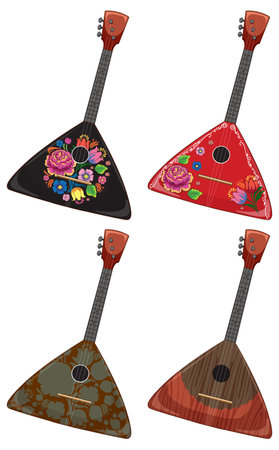 Vector illustration of four Russian balalaikas, each with unique floral or wood grain designs, arranged in a clean, isolated composition on whiteのイラスト素材