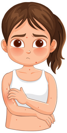 Vector illustration of a young girl with brown hair, visible red rash spots, and a concerned expression, rendered in a clean cartoon styleのイラスト素材