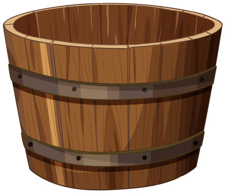 Vector illustration of a wooden barrel with metal bands, showcasing a rustic style and warm color paletteのイラスト素材