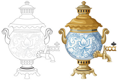 Detailed vector illustration of a classic Russian samovar with ornate blue floral patterns, shown in both outline and fully colored stylesのイラスト素材