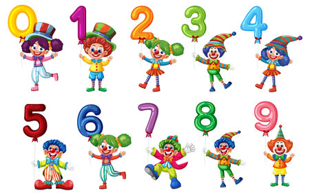 Cartoon clowns in vibrant costumes each hold a balloon shaped as a number, arranged in a playful, isolated vector illustration with bright colorsのイラスト素材